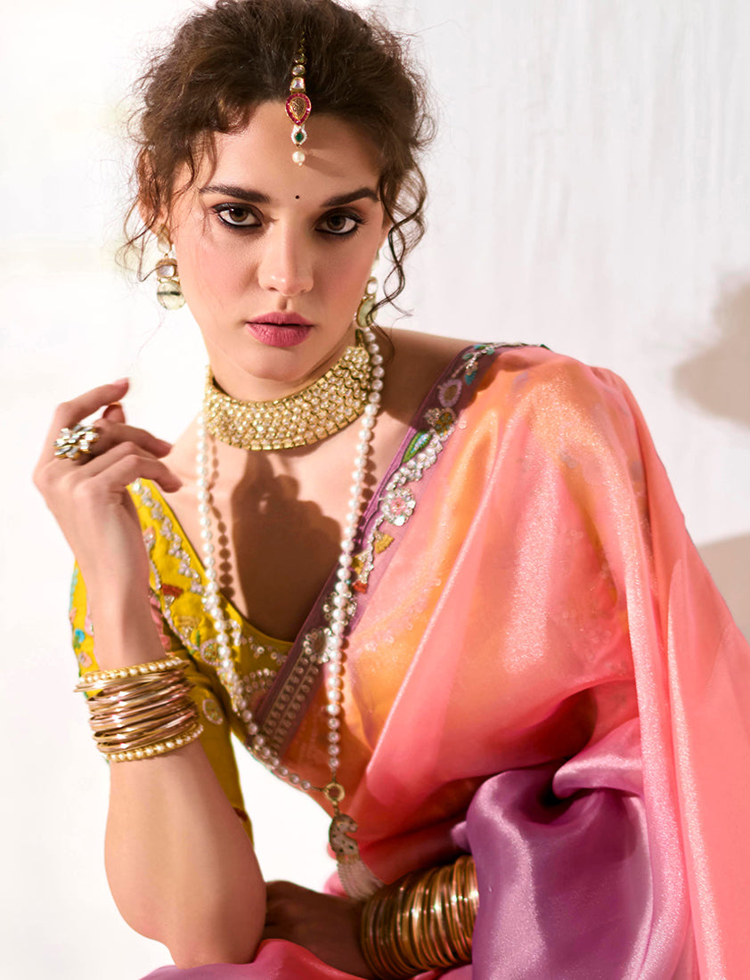 Tissue Organza Pink and Purple Embroidered Saree