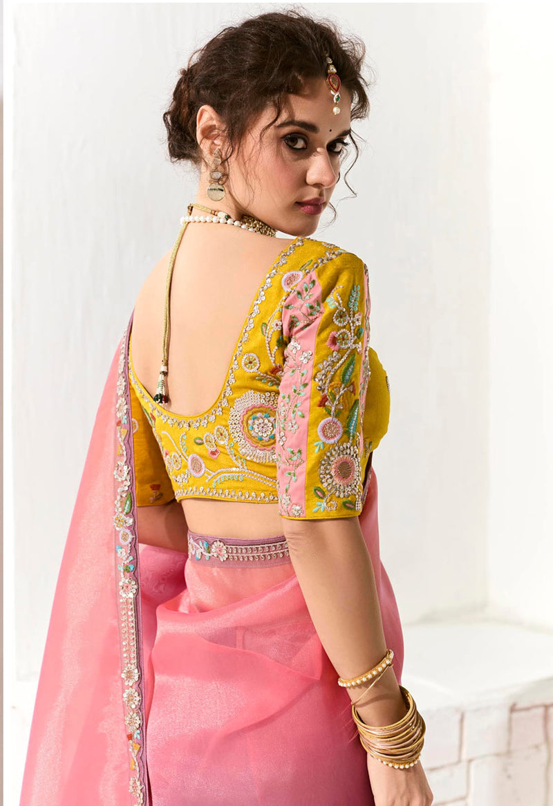 Tissue Organza Pink and Purple Embroidered Saree