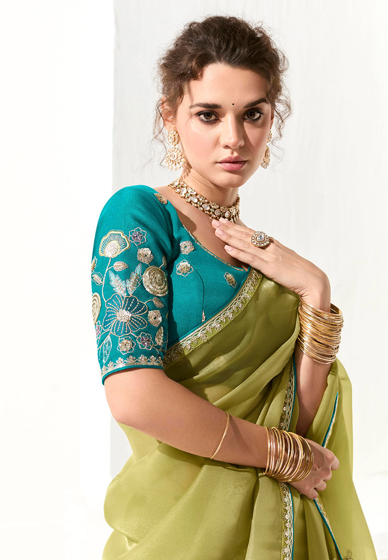 Olive Green Tissue Organza Embroidered Saree with Zari Border