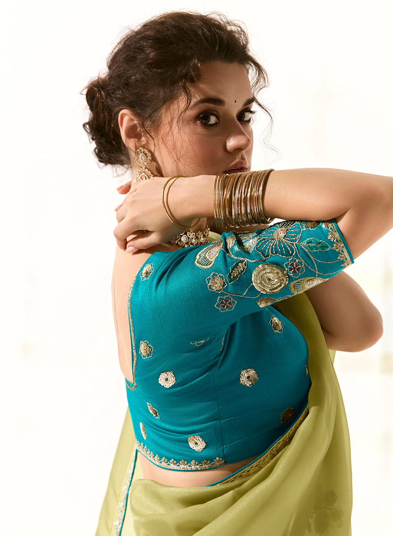 Olive Green Tissue Organza Embroidered Saree with Zari Border