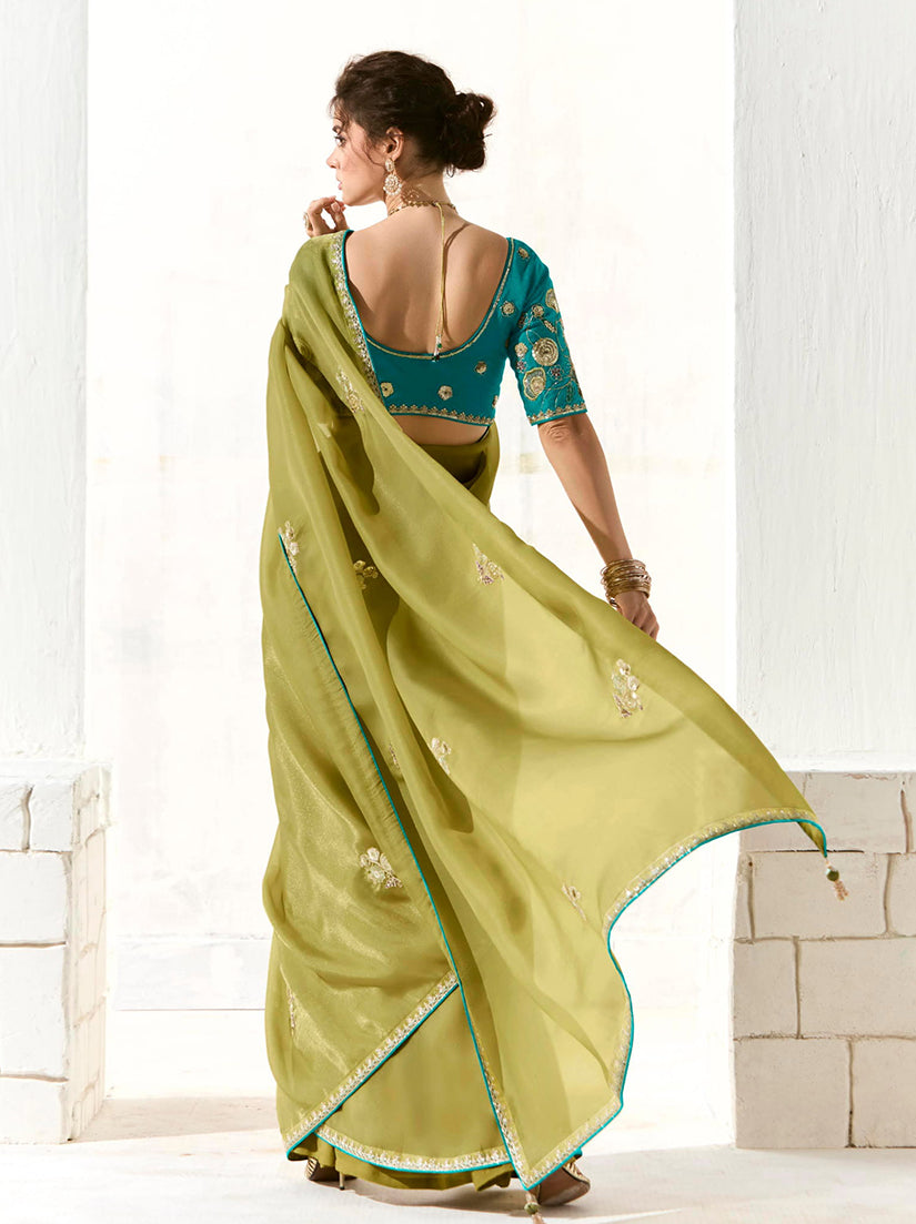 Olive Green Tissue Organza Embroidered Saree with Zari Border