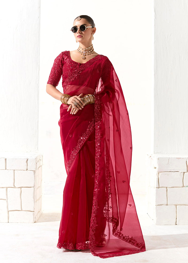 Dark red tissue organza saree with intricate embroidery and sequins work