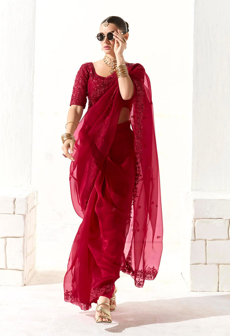 Dark Red Tissue Organza Embroidered Saree with Sequins Work