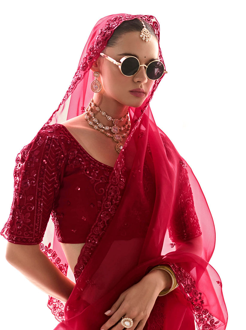 Dark Red Tissue Organza Embroidered Saree with Sequins Work