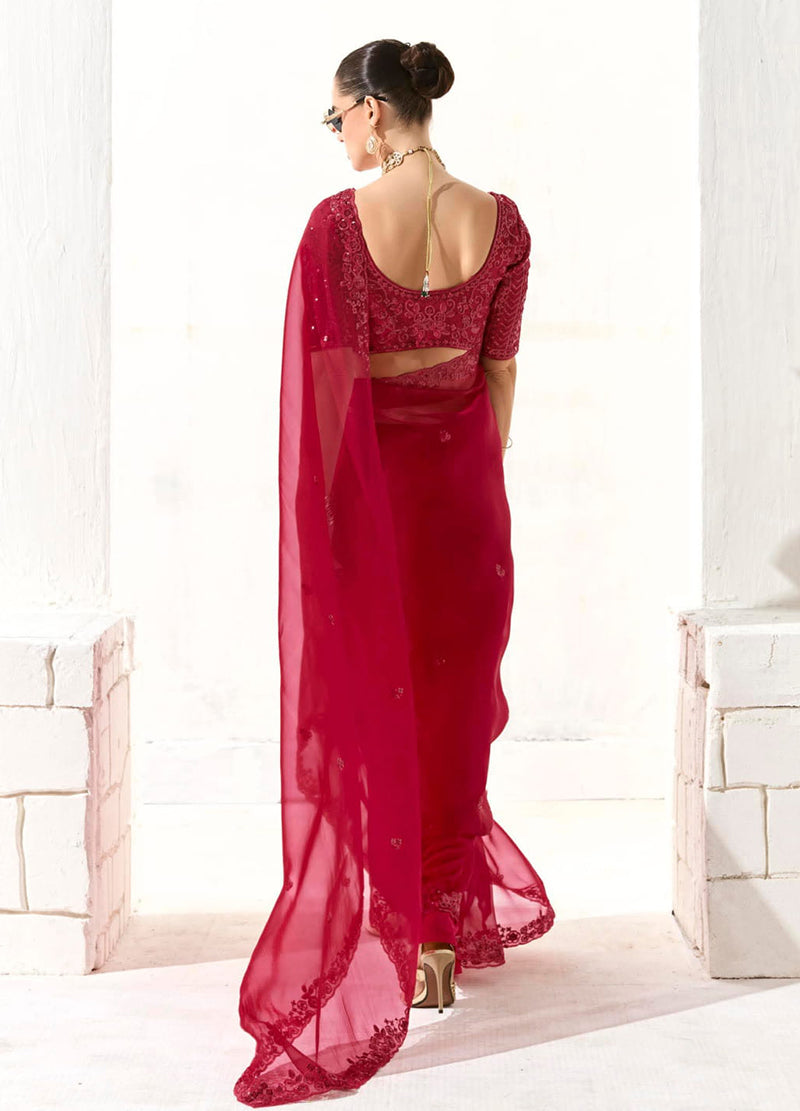 Dark Red Tissue Organza Embroidered Saree with Sequins Work