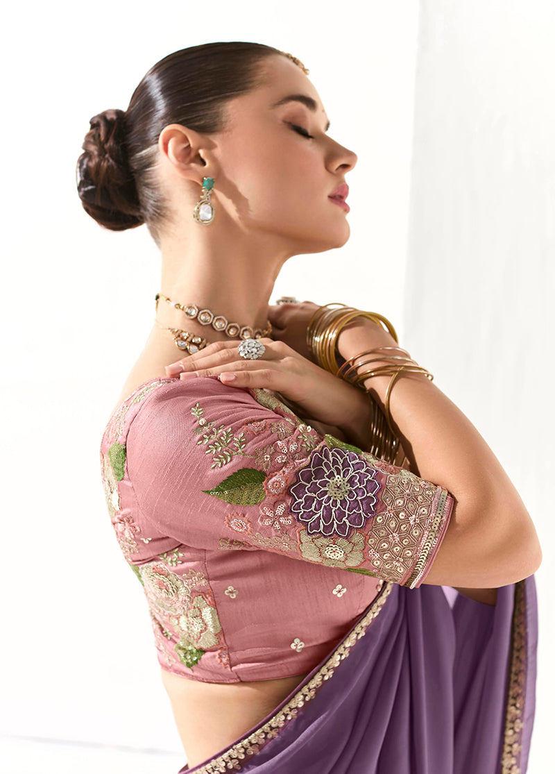 Lilac Tissue Saree with Embroidered Sequins for Festive Wear