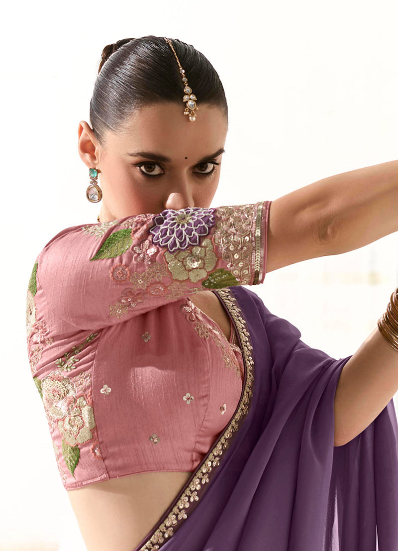 Lilac Tissue Saree with Embroidered Sequins for Festive Wear