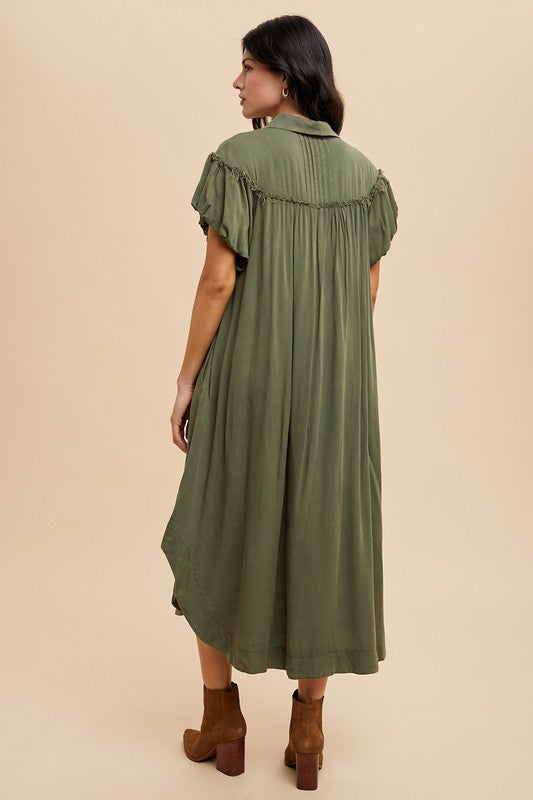 Olive Green Mineral Washed Puff Sleeve Shirt Dress