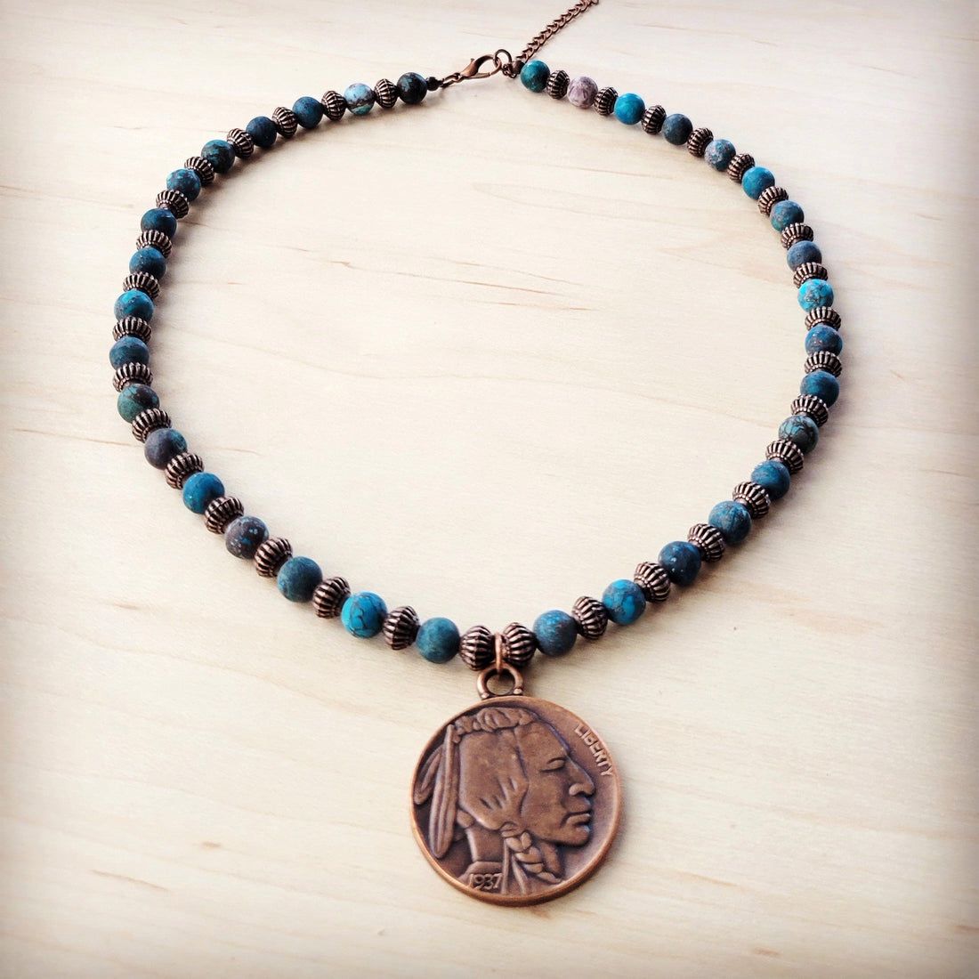 Natural Turquoise Beaded Collar Necklace with Indian Head Pendant - Image 2