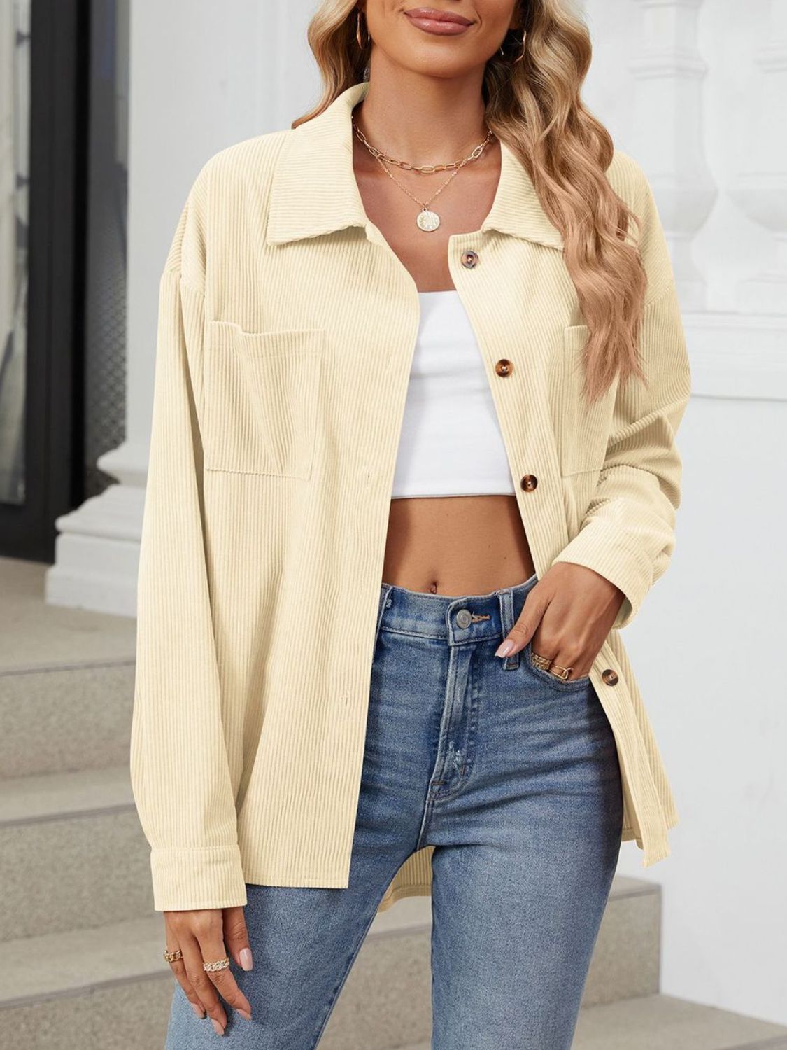 Rayon Button Up Dropped Shoulder Long Sleeve Shirt
