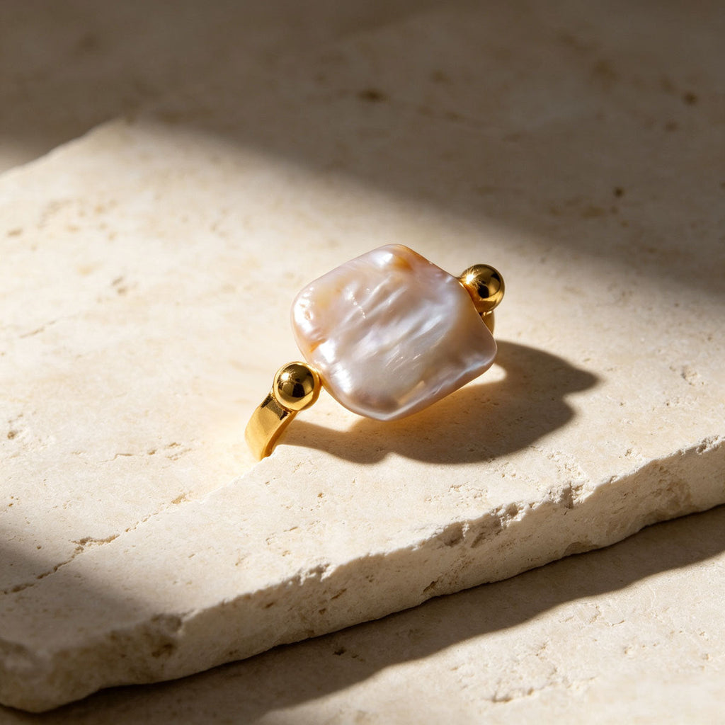 Women Minimalist Square Baroque Faux Pearl Open Adjustable Ring, 14K Gold Plated Smooth Bead Sides Thin Band Daily Stackable Jewelry Gift