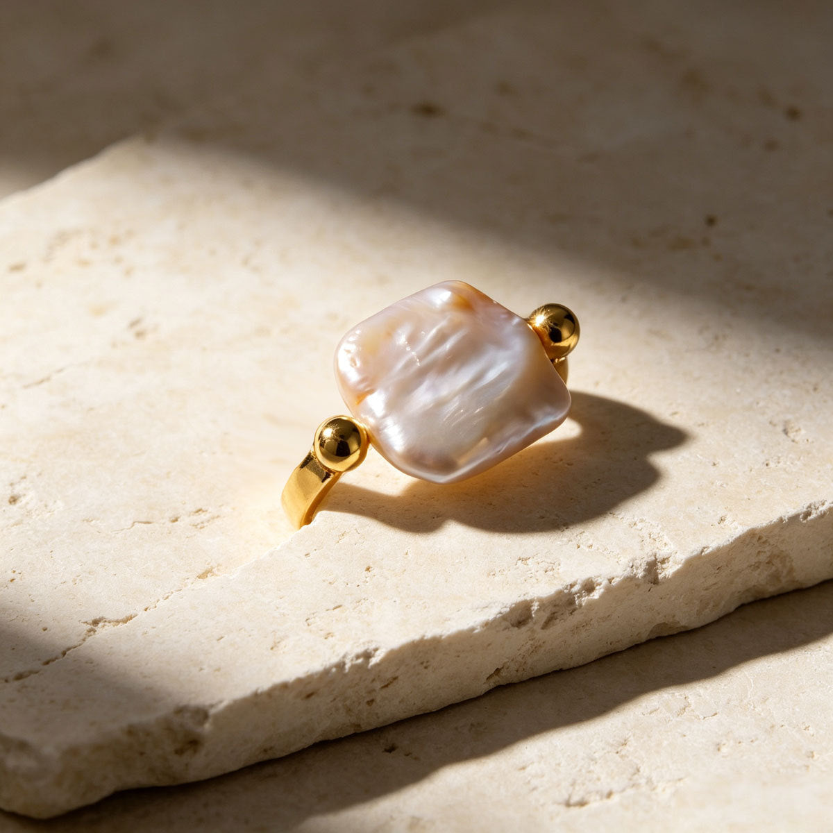 Women Minimalist Square Baroque Faux Pearl Open Adjustable Ring, 14K Gold Plated Smooth Bead Sides Thin Band Daily Stackable Jewelry Gift