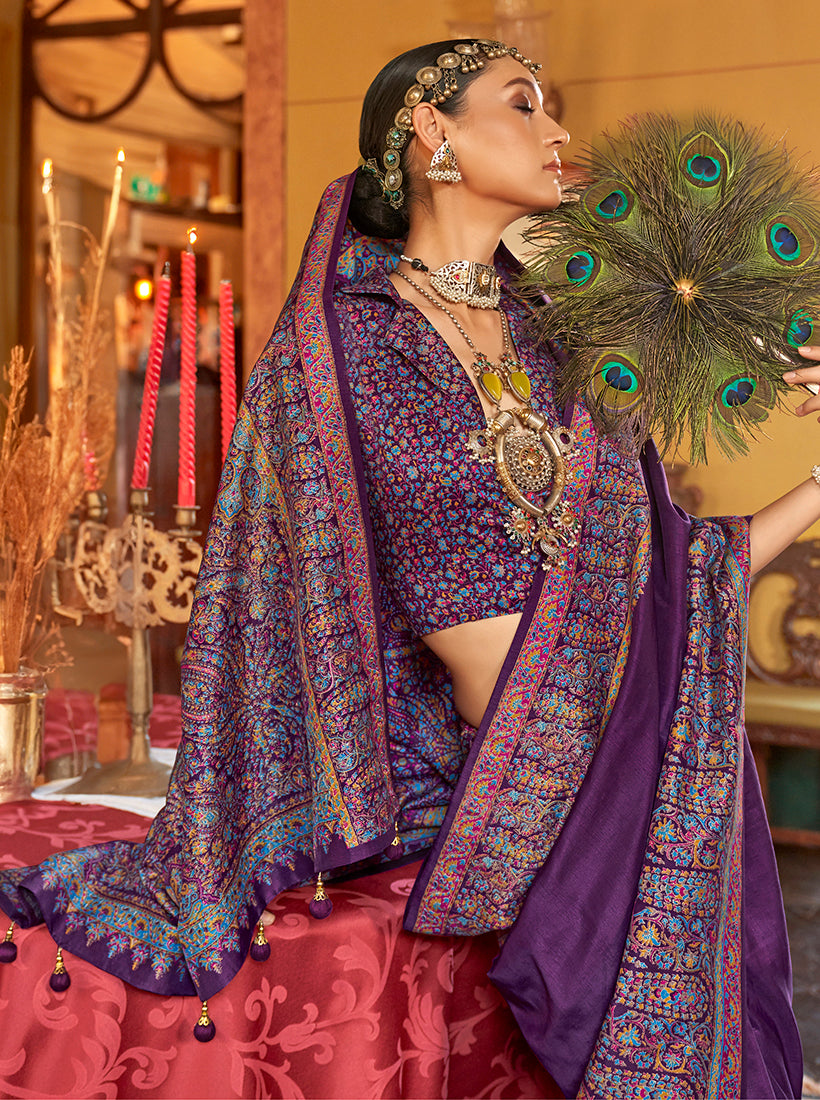 Dark Purple Contemporary Silk Blend Saree with Paisley Prints