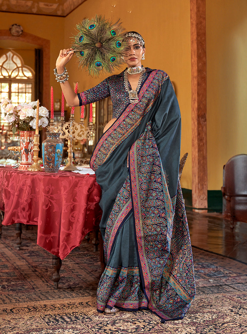 Dark grey silk blend saree with elegant paisley print and modern styling