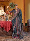 Dark grey silk blend saree with elegant paisley print and modern styling