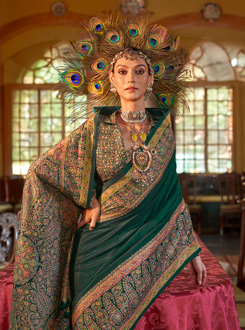 Dark Green Silk Blend Printed Contemporary Saree