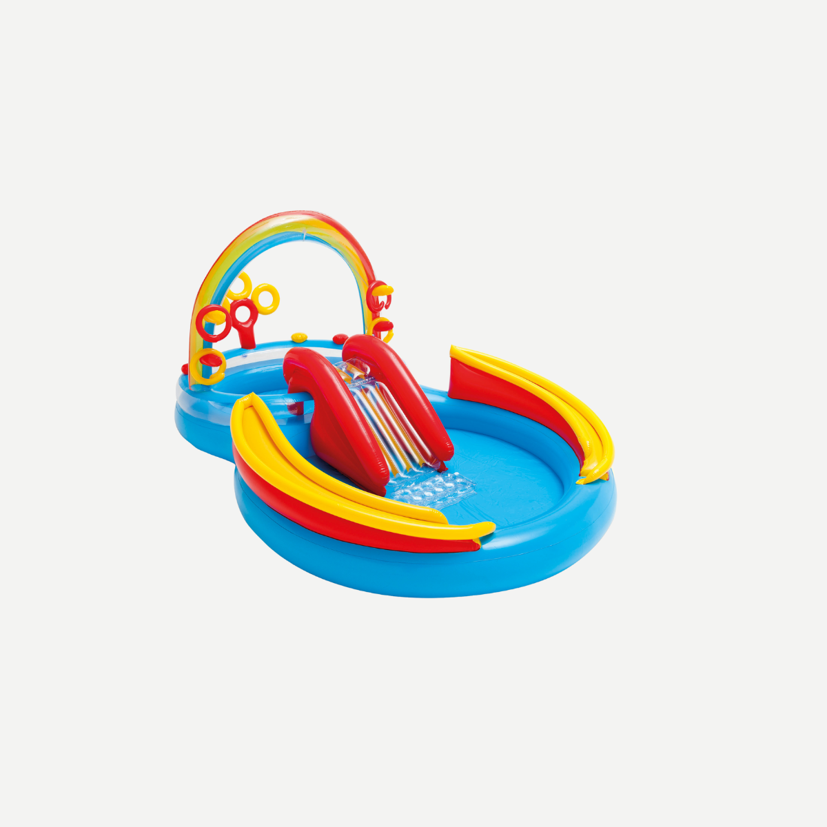 Inflatable toddler pool featuring a rainbow arch and built-in water slide in primary colors on a white background.