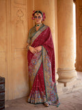 Elegant burgundy silk blend saree with stylish printed patterns
