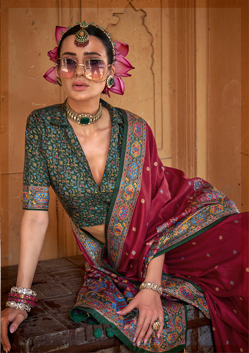 Burgundy Silk Blend Printed Classic Saree