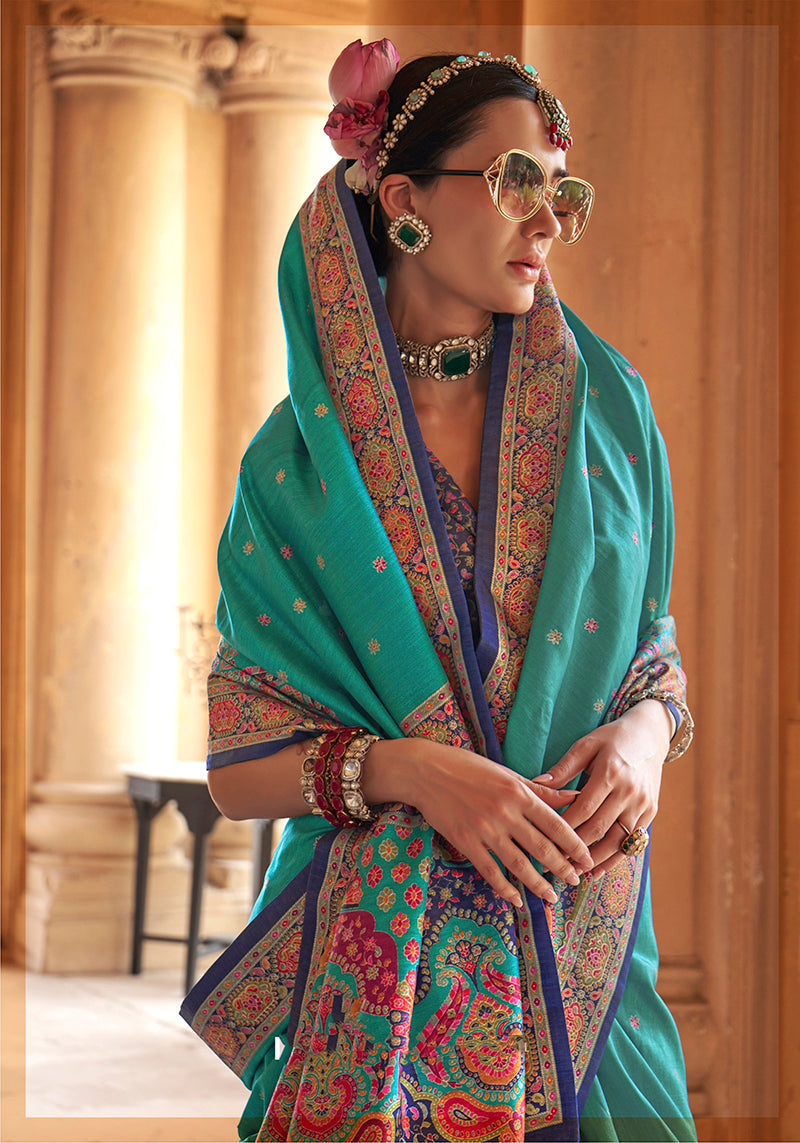Turquoise Silk Blend Printed Classic Saree for Any Occasion