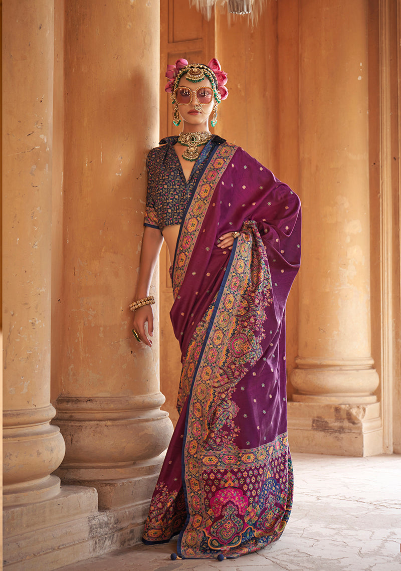 Dark Magenta Silk Blend Printed Saree for women draped elegantly