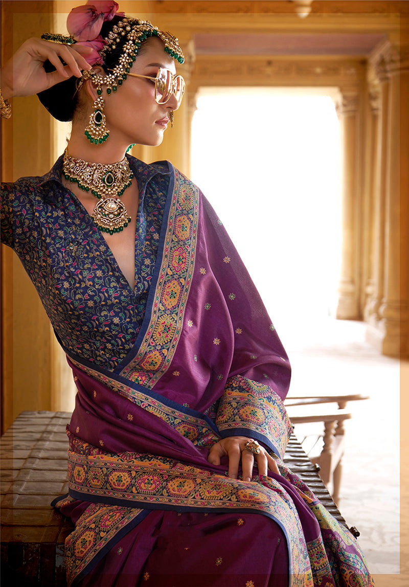 Dark Magenta Silk Blend Printed Saree for Festive Occasions