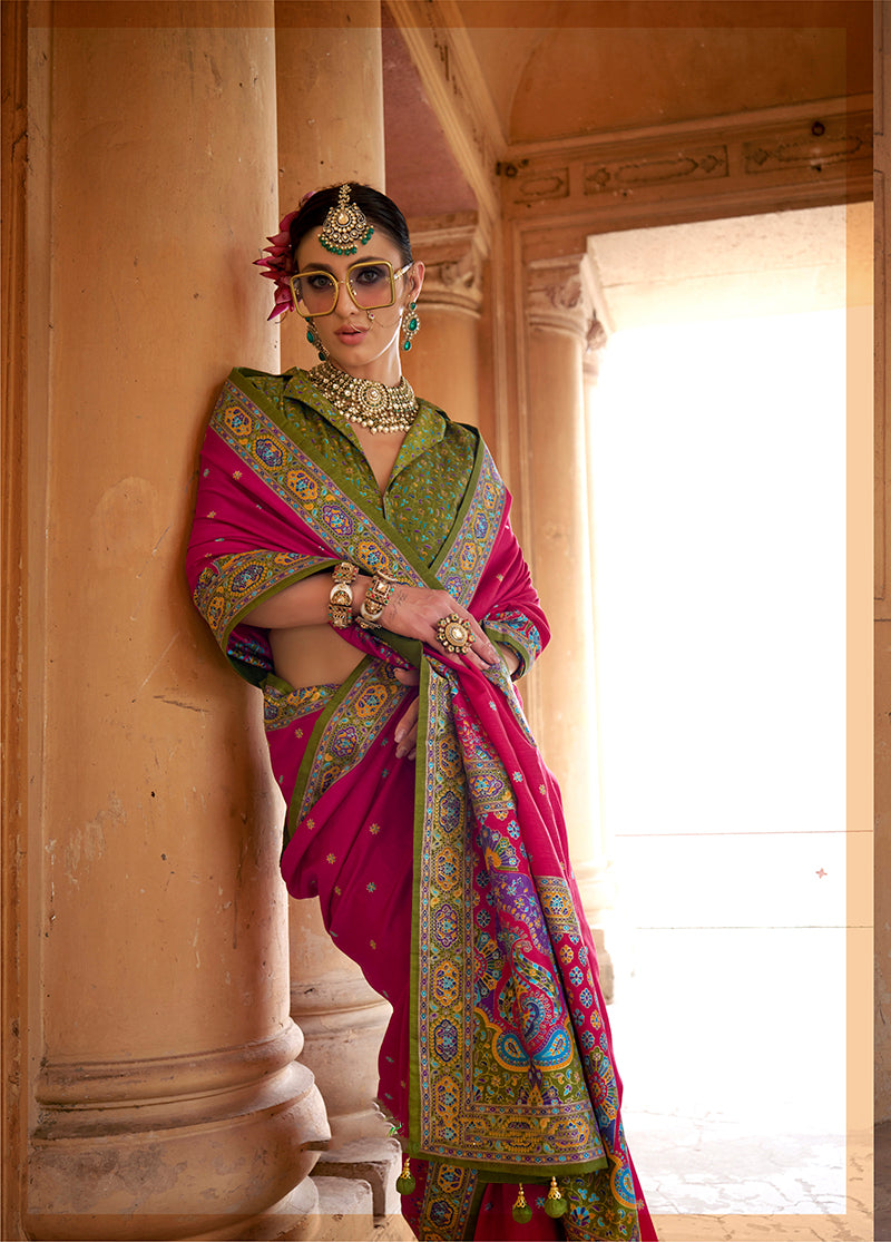 Rani Pink Silk Blend Printed Classic Saree