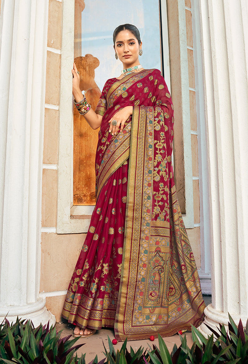 Maroon Poly Viscose Georgette saree with detailed Meenakari Jaal Banarasi work