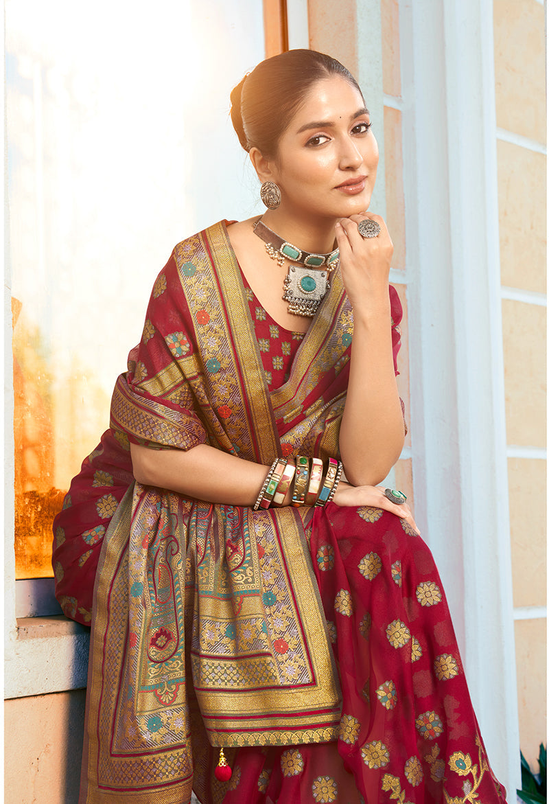 Maroon Poly Viscose Georgette Meenakari Jaal Banarasi Saree