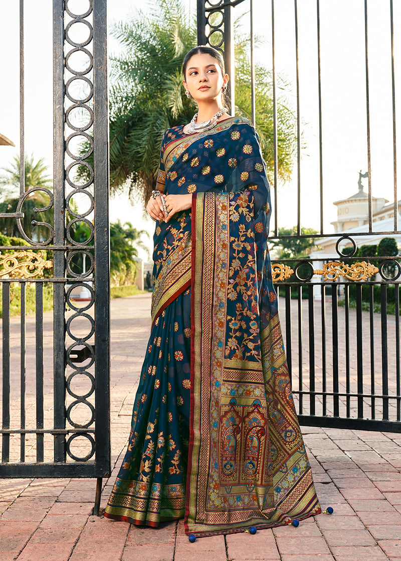 Navy Blue Poly Viscose Georgette Meenakari Banarasi Saree