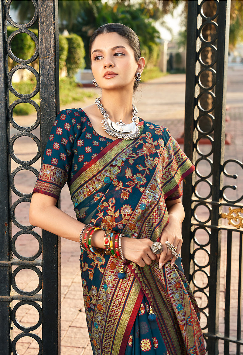 Navy Blue Meenakari Jaal Banarasi Georgette Saree