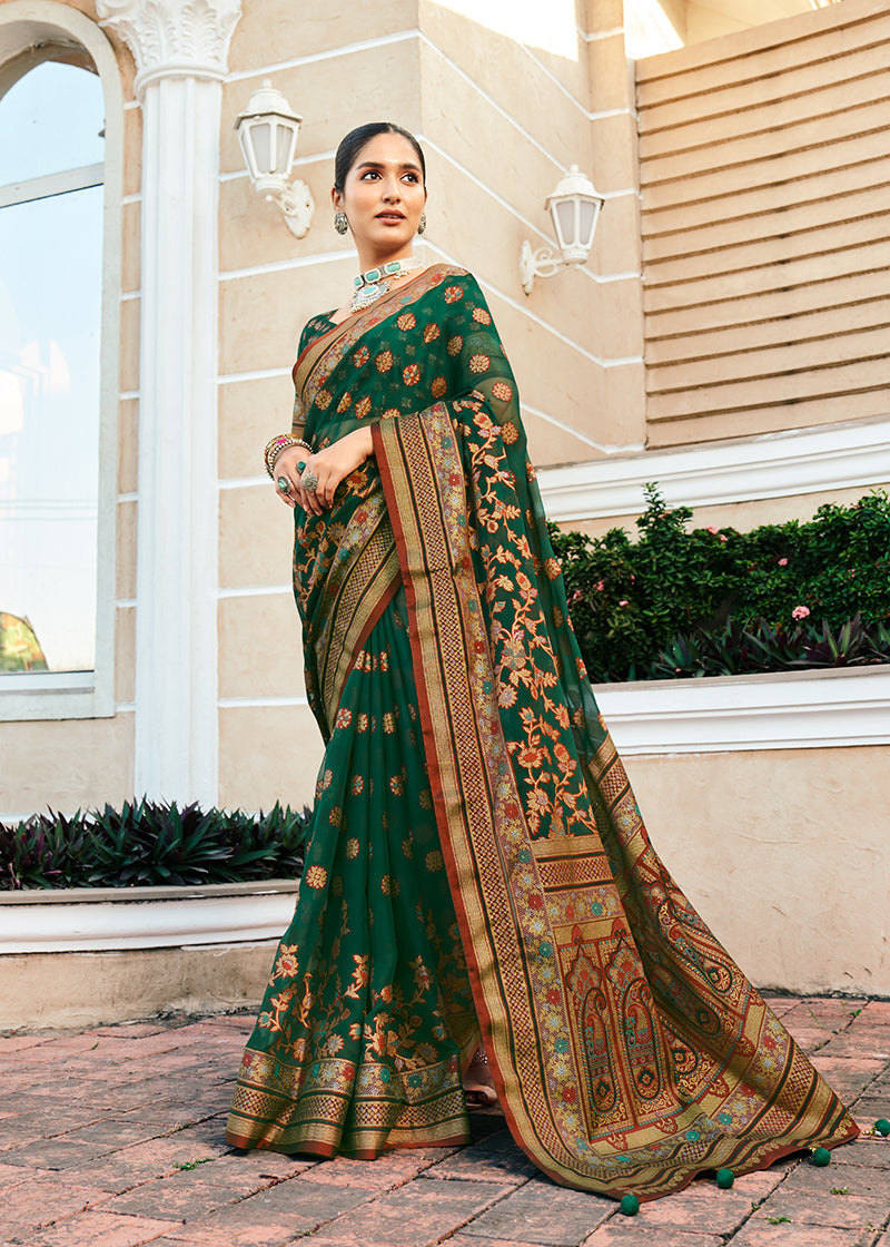 Dark green poly viscose georgette Banarasi saree with intricate Meenakari jaal patterns.