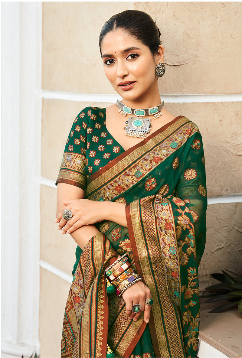 Dark Green Meenakari Jaal Banarasi Georgette Saree