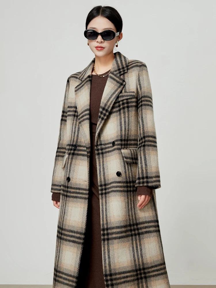 Women's Vintage Plaid Wool Blend Long Coat with Notched Collar - Image 5