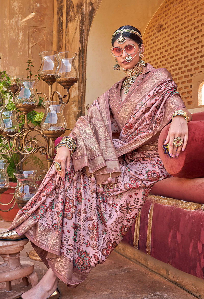 Dusty Pink Floral Print Silk Blend Saree with Tassels