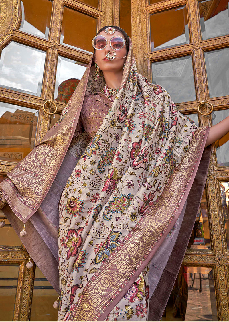 Cream Floral Print Silk Blend Saree with Tassels