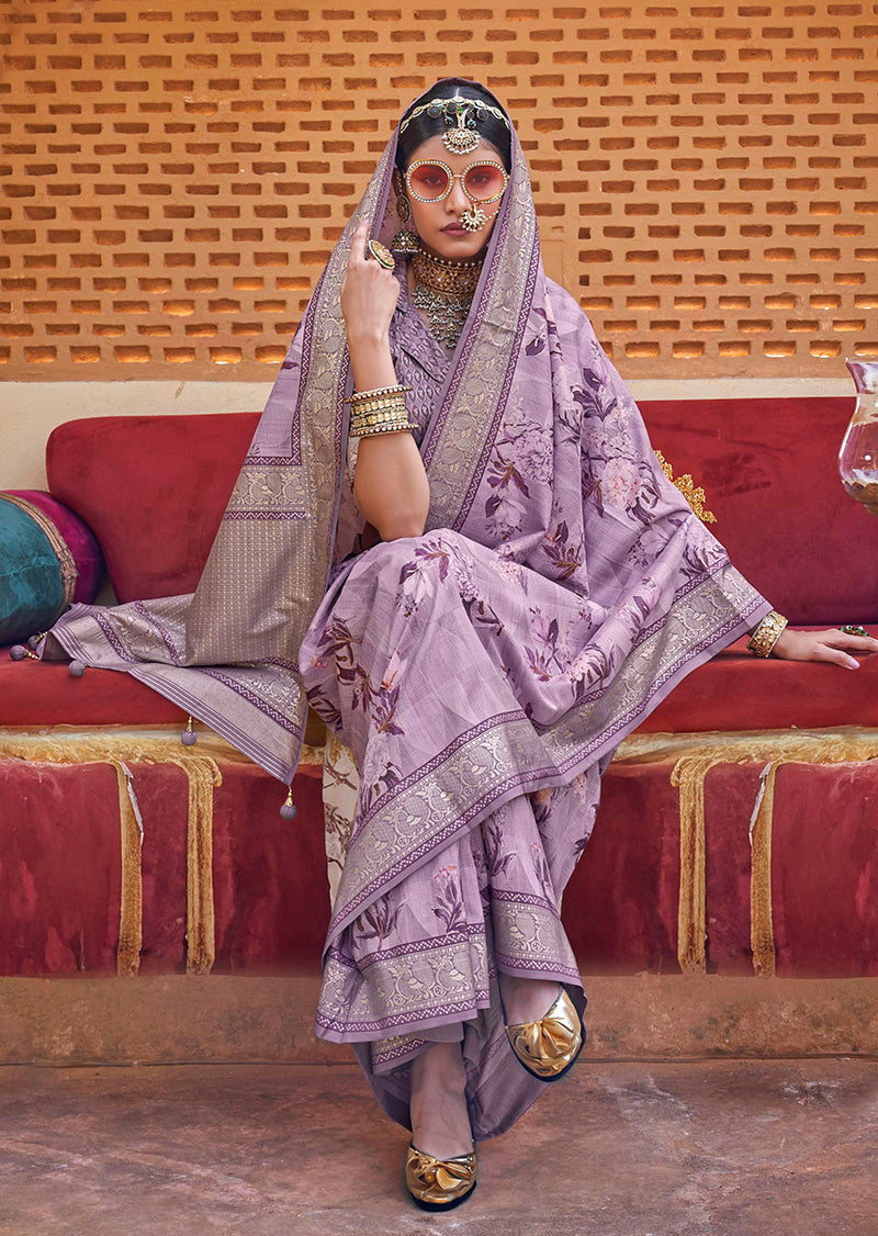 Light Purple Floral Print Silk Blend Saree with Tasseled Pallu