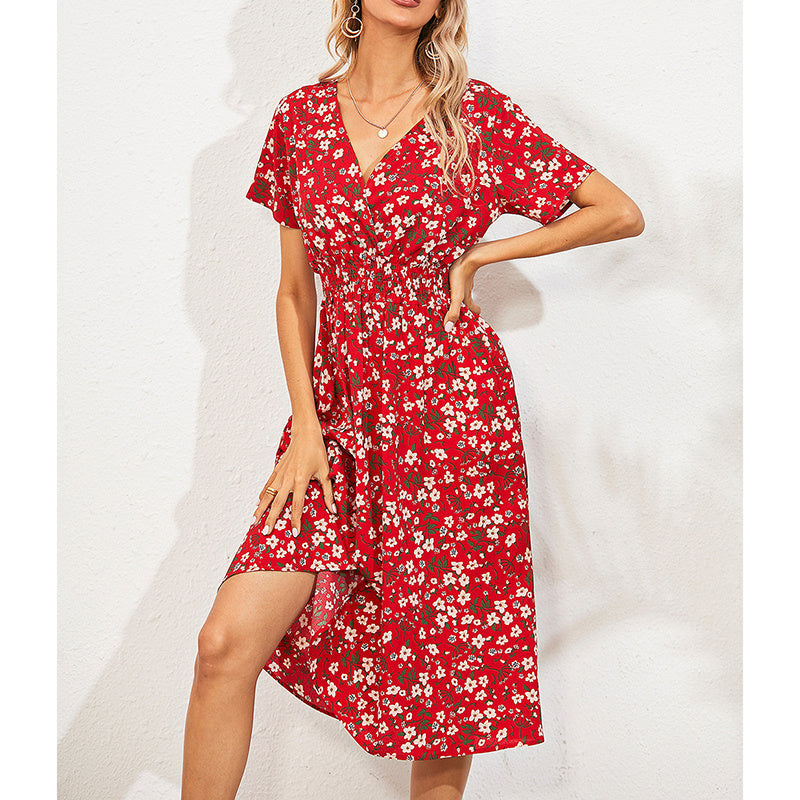 Boho-style floral print mini dress with a V-neckline and smocked waist.