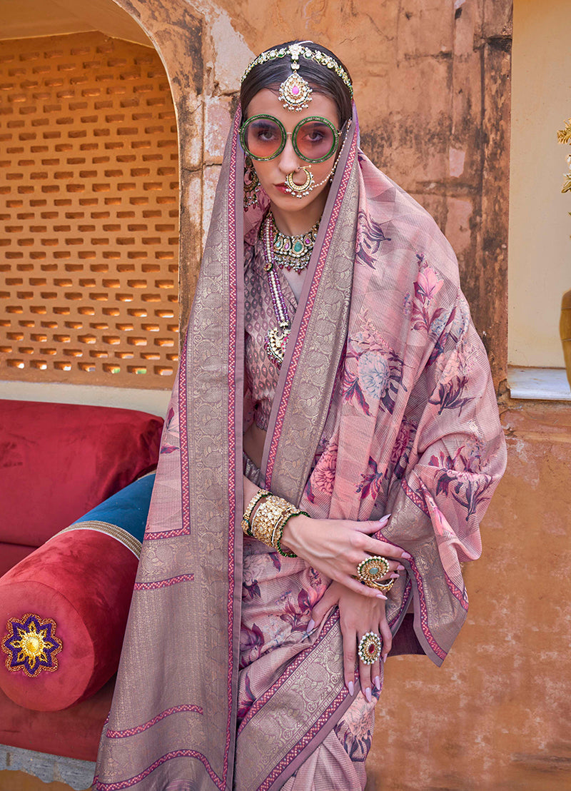 Pink Floral Print Silk Blend Saree with Tasseled Pallu