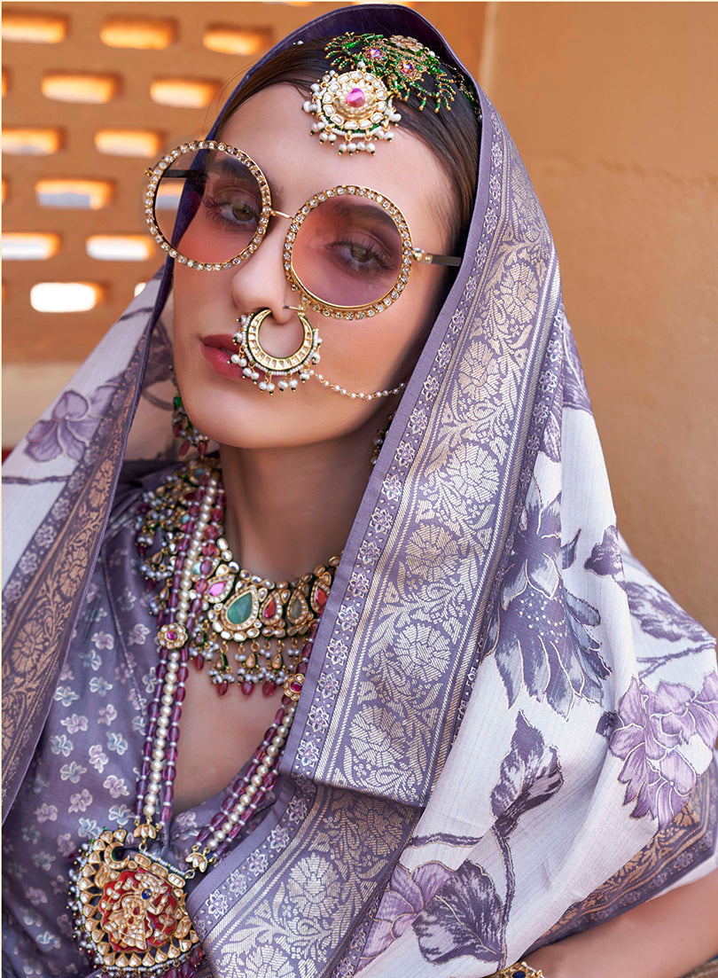 Light Lavender Floral Silk Blend Saree with Tasseled Pallu
