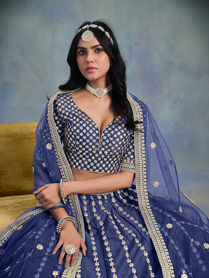 Blue Embroidered Art Silk Designer Lehenga Choli with Sequins