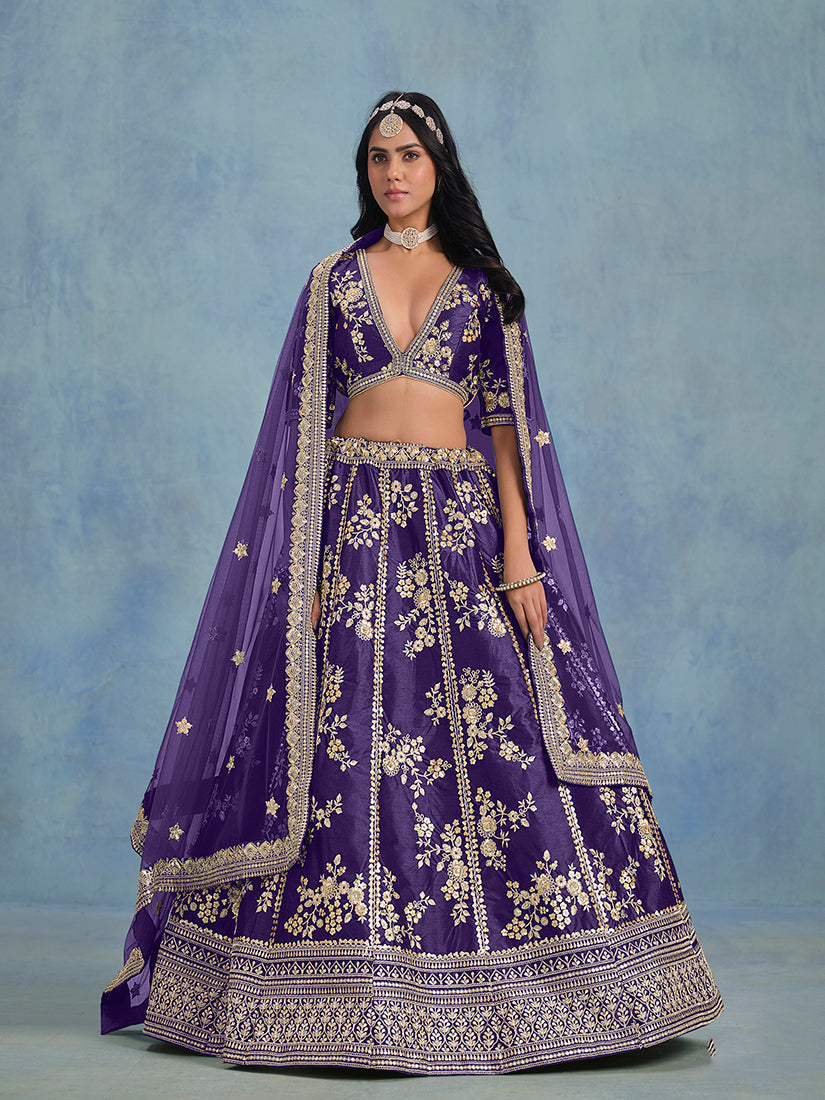 Purple art silk designer lehenga with sequins and net dupatta