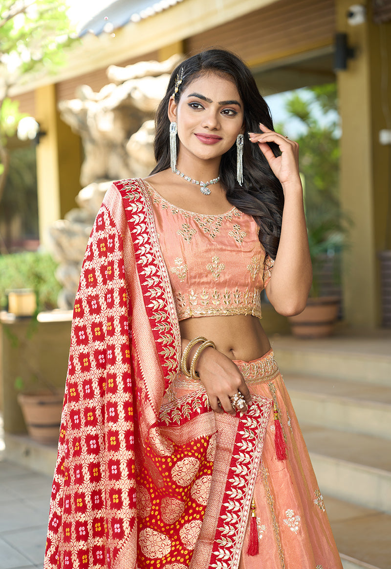 Peach Viscose Embroidered Lehenga Choli for Festivals