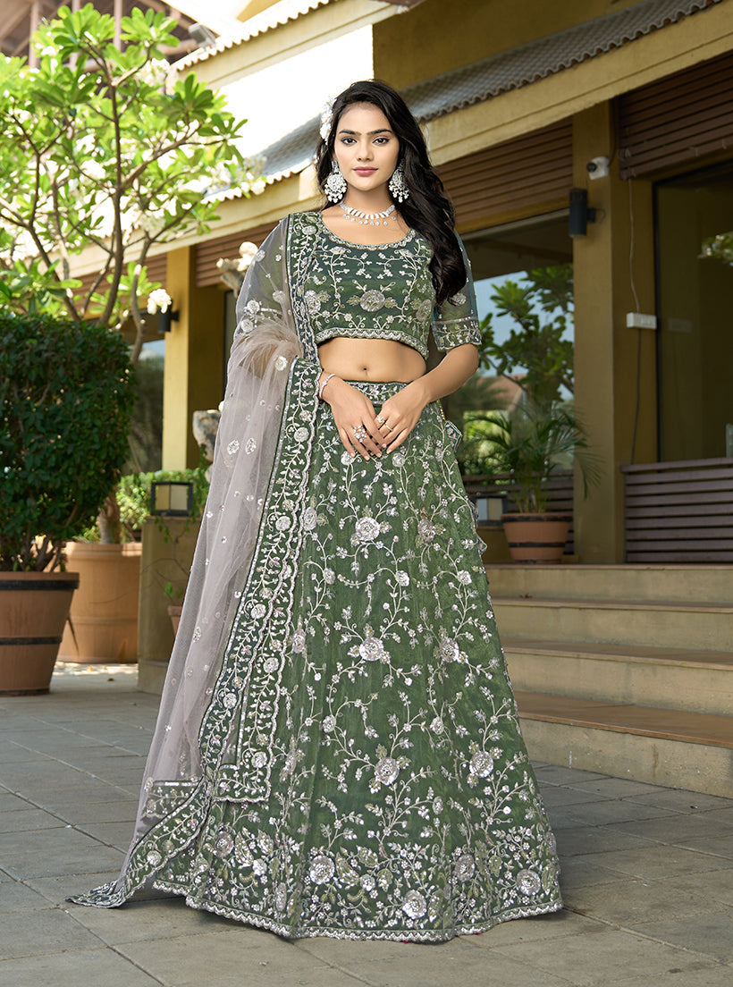 Green Tissue Embroidered Lehenga Choli with Zari and Sequins