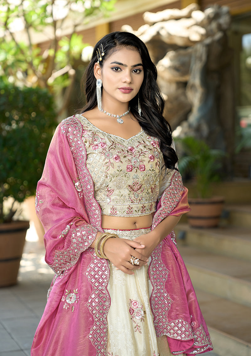 Off White Embroidered Jacquard Designer Lehenga Choli