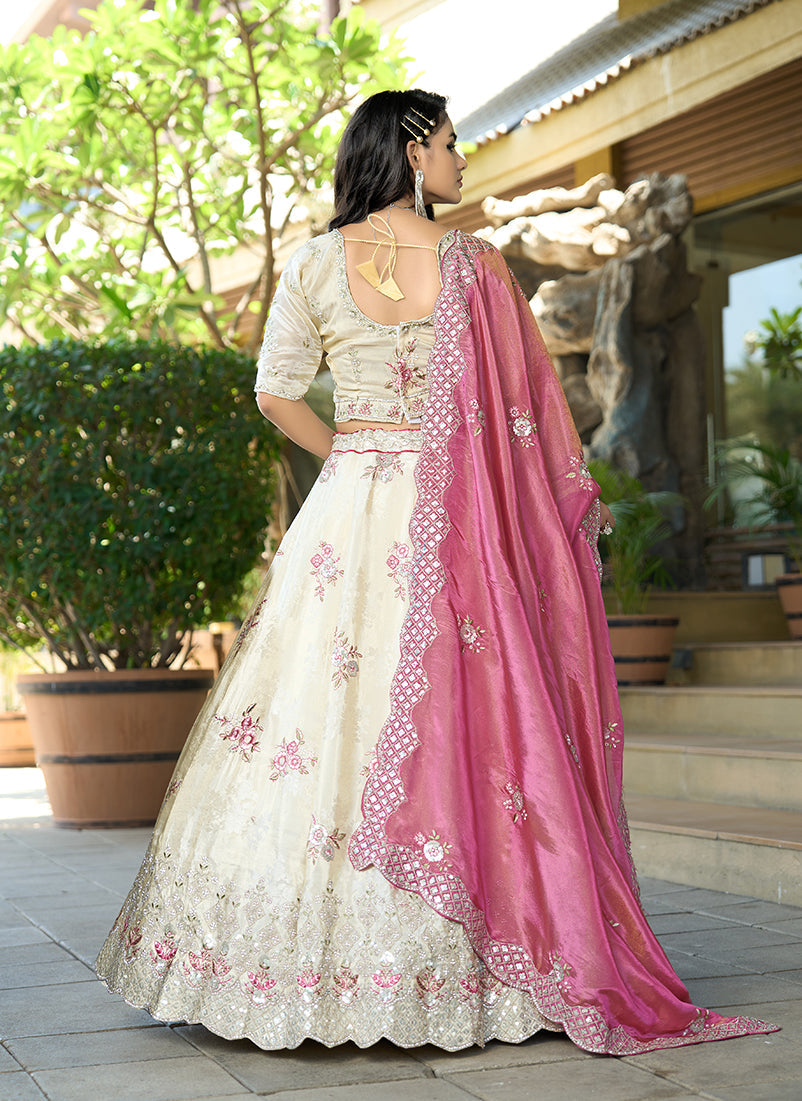Off White Embroidered Jacquard Designer Lehenga Choli