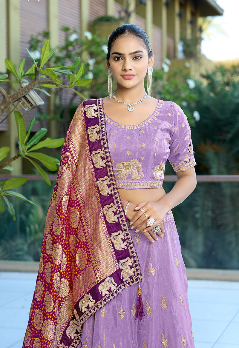 Lavender Viscose Embroidered Lehenga Choli with Zari Work