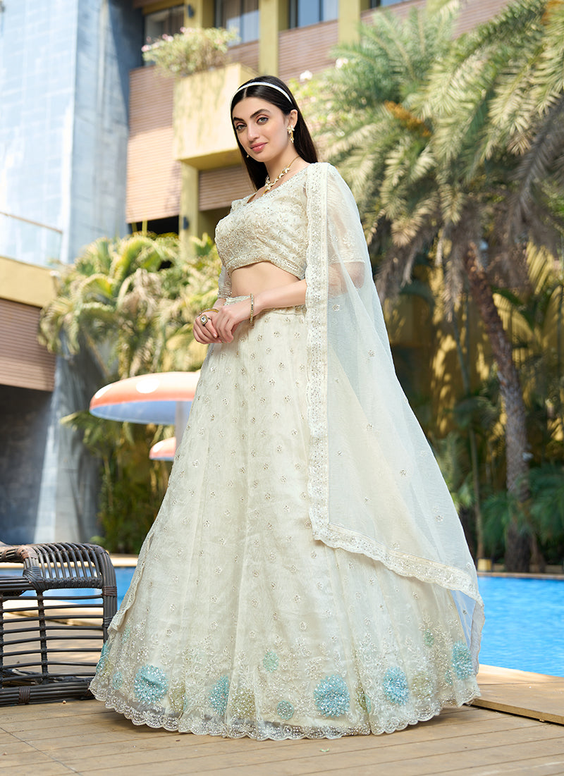 White Embellished Organza Lehenga Choli with Sequins and Resham
