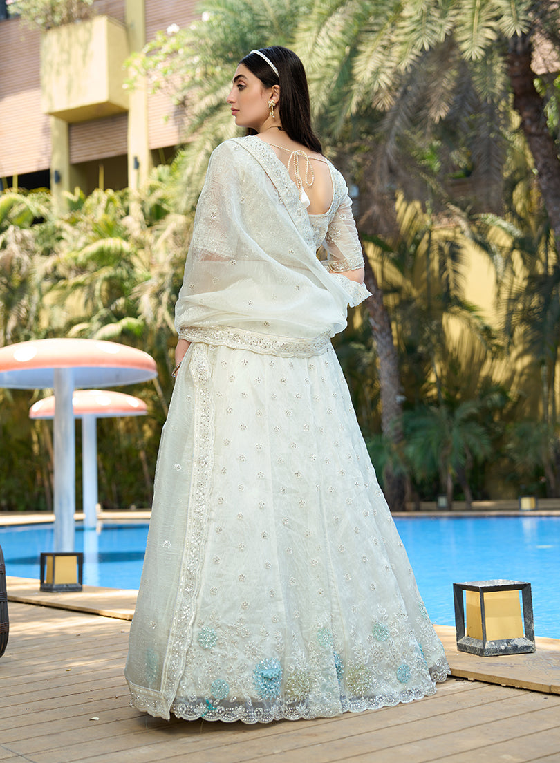 White Embellished Organza Lehenga Choli with Sequins and Resham