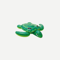 A green inflatable sea turtle ride-on floating in a pool with a child sitting on top.